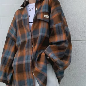 Y2K Plaid Oversize Shirt - Vintage Harajuku Lazy Wind Blouse