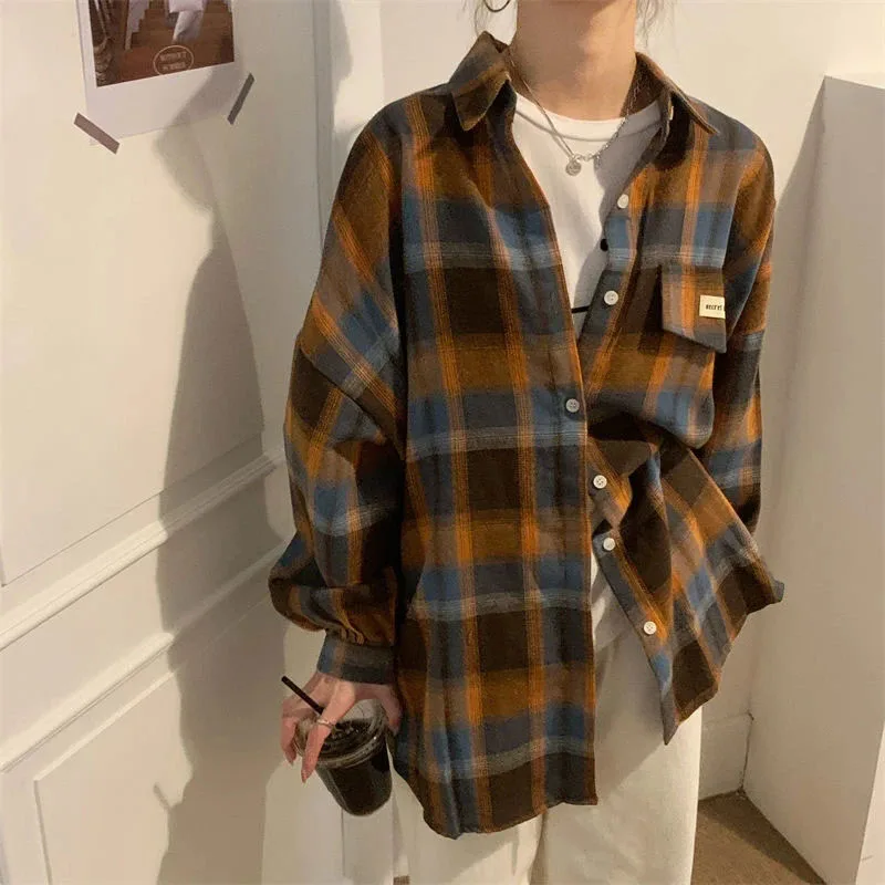 Y2K Plaid Oversize Shirt - Vintage Harajuku Lazy Wind Blouse