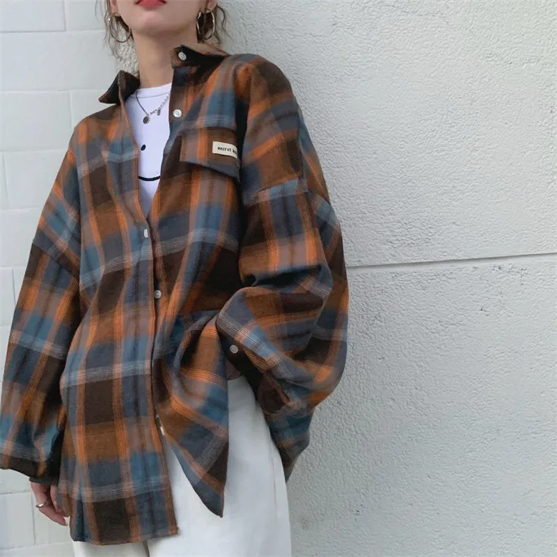 Y2K Plaid Oversize Shirt - Vintage Harajuku Lazy Wind Blouse