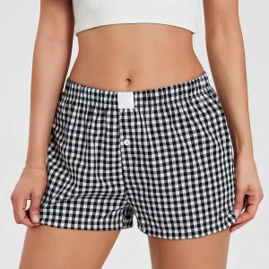 Y2K Plaid Print Lounge Shorts - Cute Elastic Low Waist Boxer Sleepwear