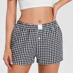 Y2K Plaid Print Lounge Shorts - Cute Elastic Low Waist Boxer Sleepwear