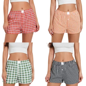 Y2K Plaid Print Lounge Shorts - Cute Elastic Low Waist Boxer Sleepwear