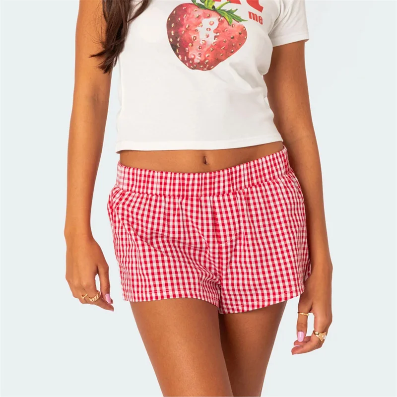 Y2K Plaid Print Lounge Shorts - Elastic Waist Hot Pants