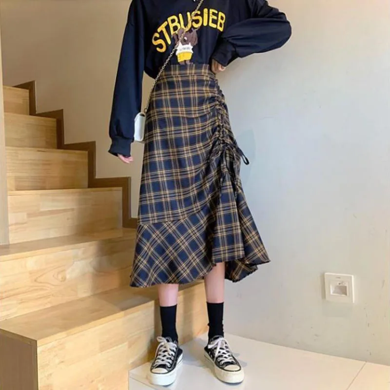 Y2K Plaid Ruffle Midi Skirt - Vintage Summer Fashion High Waist A-Line Harajuku Casual Pleated Sk