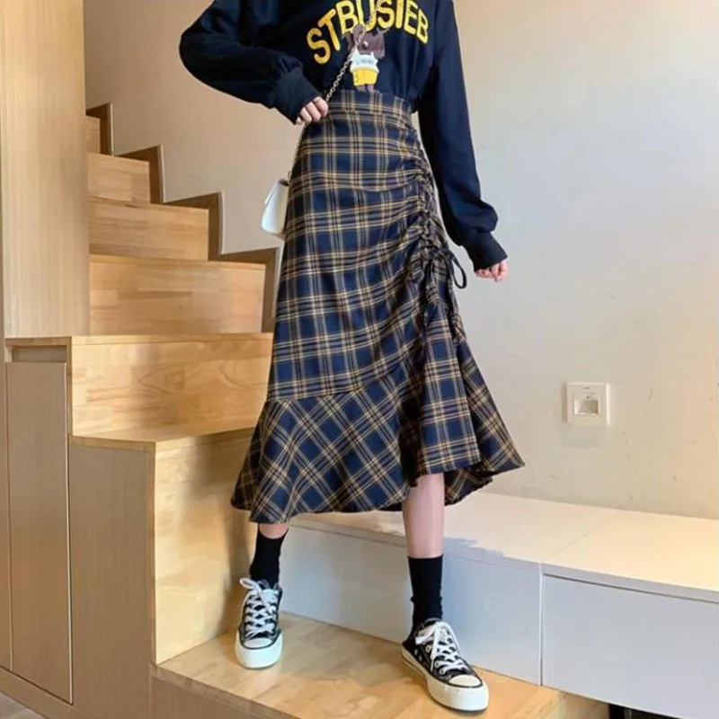 Y2K Plaid Ruffle Midi Skirt - Vintage Summer Fashion High Waist A-Line Harajuku Casual Pleated Sk