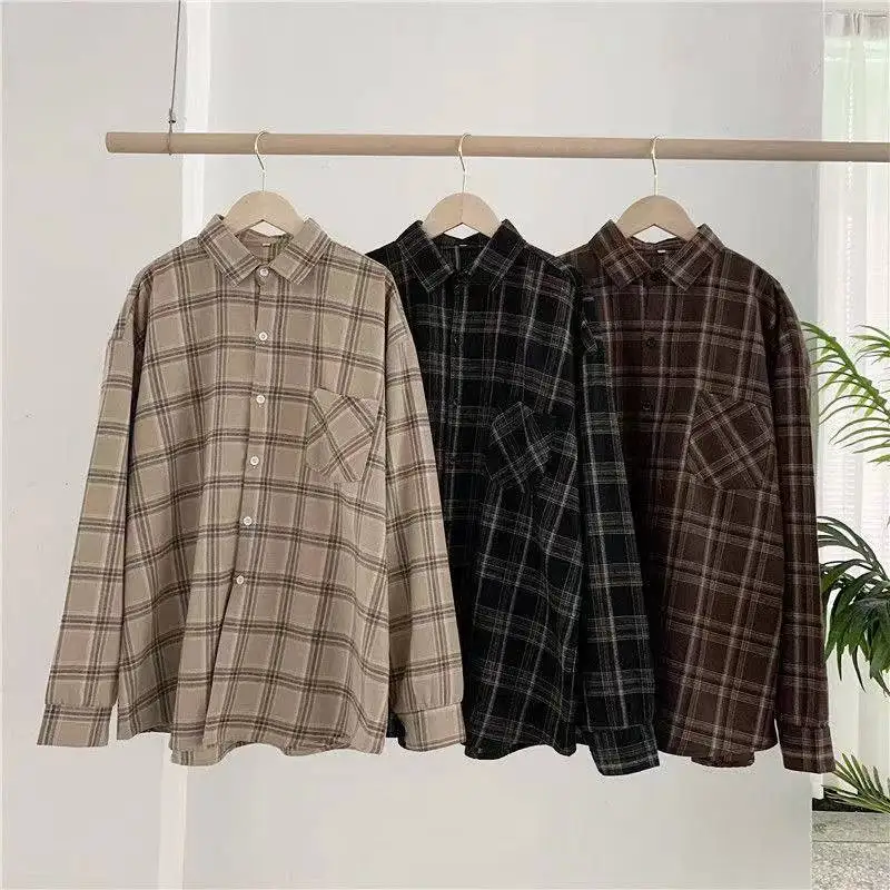 Y2K Plaid Shirt Women Oversize Button Up Korean Fashion Casual Fall Outwear Tops