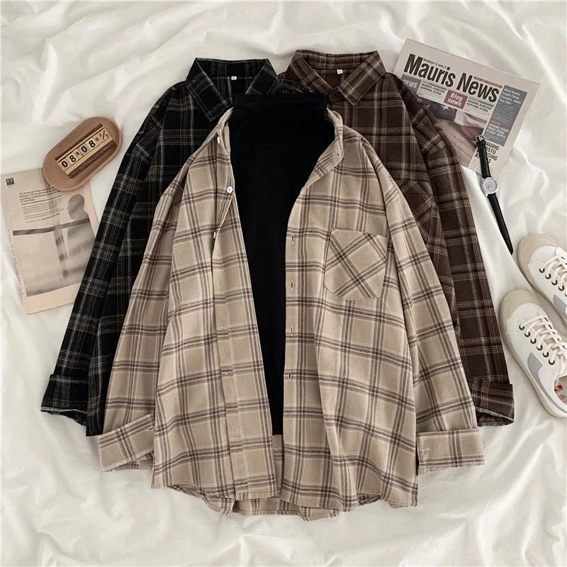 Y2K Plaid Shirt Women Oversize Button Up Korean Fashion Casual Fall Outwear Tops