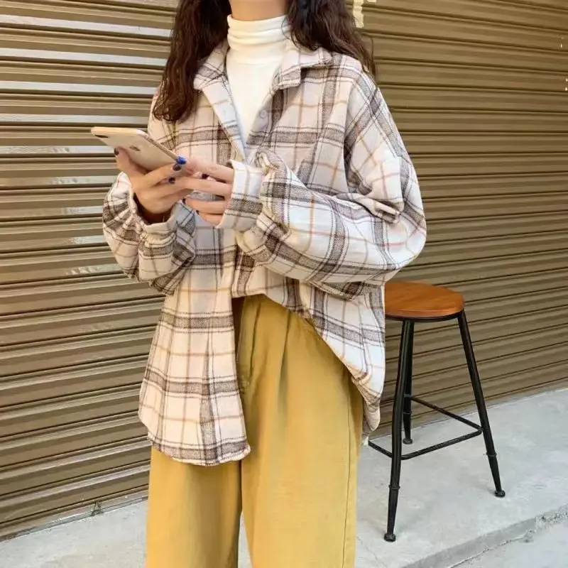 Y2K Plaid Shirt Women Vintage Autumn Winter Harajuku Oversize Casual Top