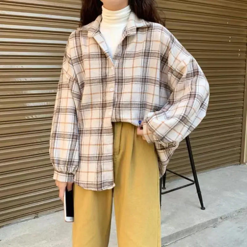 Y2K Plaid Shirt Women Vintage Autumn Winter Harajuku Oversize Casual Top