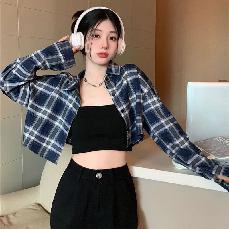 Y2K Plaid Short Shirt - Vintage Korean Streetwear for Women