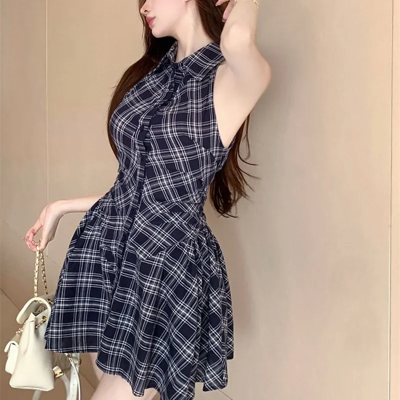 Y2K Plaid Sleeveless Mini Dress with Matching Shorts