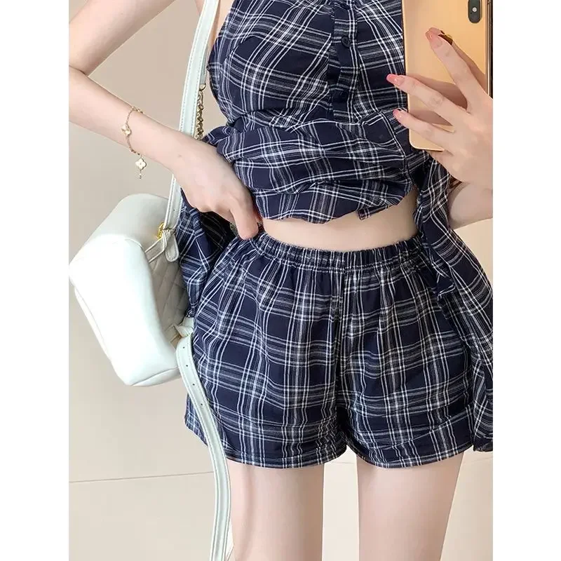 Y2K Plaid Sleeveless Mini Dress with Matching Shorts