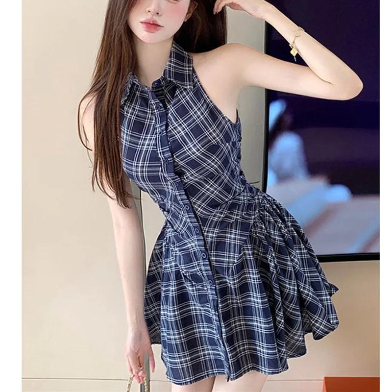 Y2K Plaid Sleeveless Mini Shirt Dress