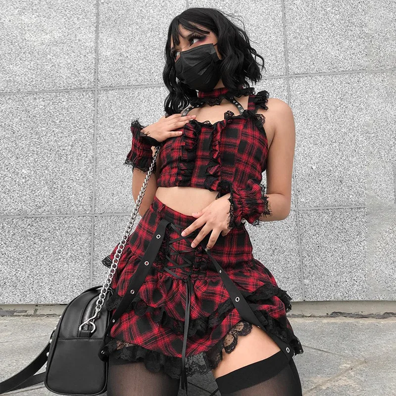 Y2k Plaid Strap Lace Trim Top & Pleated Skirt Set - Women's Gothic Grunge Aesthetic