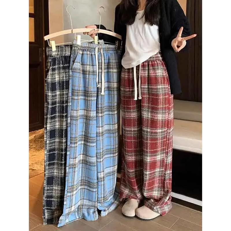 Y2K Plaid Wool Pants - Vintage Fall Winter Harajuku Streetwear