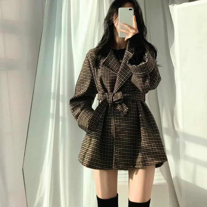 Y2K Plaid Woolen Jacket with Waistband - Women's Fashion Coat