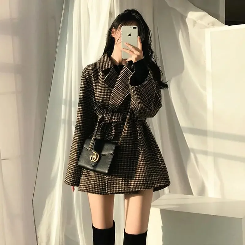 Y2K Plaid Woolen Jacket with Waistband - Women's Fashion Coat