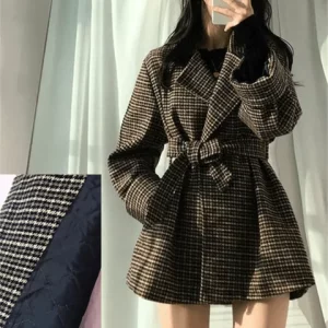 Y2K Plaid Woolen Jacket with Waistband - Women's Fashion Coat