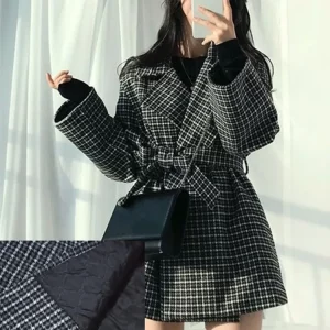 Y2K Plaid Woolen Jacket with Waistband - Women's Fashion Coat