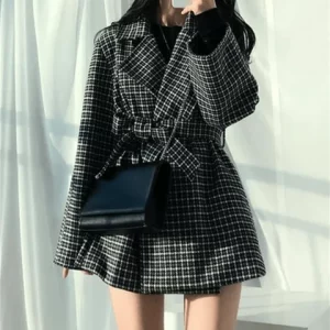 Y2K Plaid Woolen Jacket with Waistband - Women's Fashion Coat