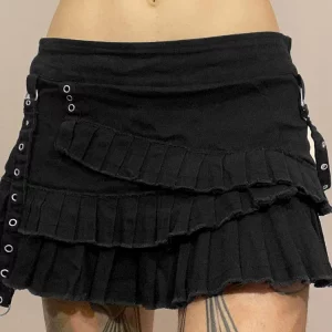 Y2K Pleated Patchwork Gothic Mini Denim Skirt - Aesthetic 2000s Grunge Fashion