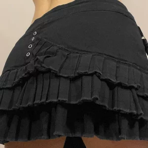 Y2K Pleated Patchwork Gothic Mini Denim Skirt - Aesthetic 2000s Grunge Fashion