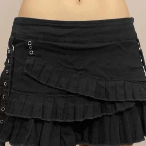 Y2K Pleated Patchwork Gothic Mini Denim Skirt - Aesthetic 2000s Grunge Fashion