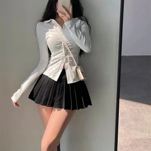 Y2K Pleated Skirt with Shorts - High Waist Irregular A-line Mini Skirt