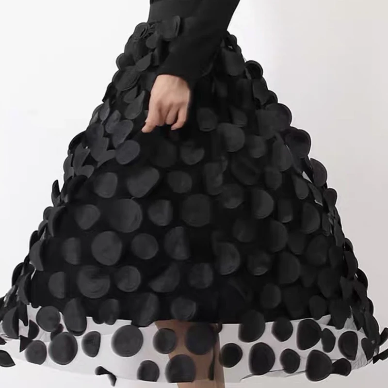 Y2K Polka Dot Mesh Skirt - Vintage A-line Black Midi Skirt