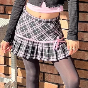 Y2K Preppy Plaid Ribbon A-Line Mini Skirt - Dark Academia High Waist Cute Aesthetic