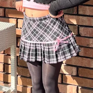 Y2K Preppy Plaid Ribbon A-Line Mini Skirt - Dark Academia High Waist Cute Aesthetic