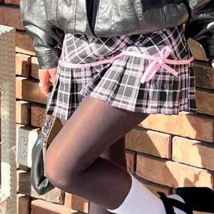 Y2K Preppy Plaid Ribbon A-Line Mini Skirt - Dark Academia High Waist Cute Aesthetic