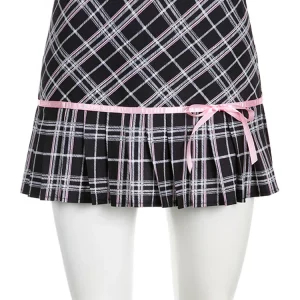 Y2K Preppy Plaid Ribbon A-Line Mini Skirt - Dark Academia High Waist Cute Aesthetic