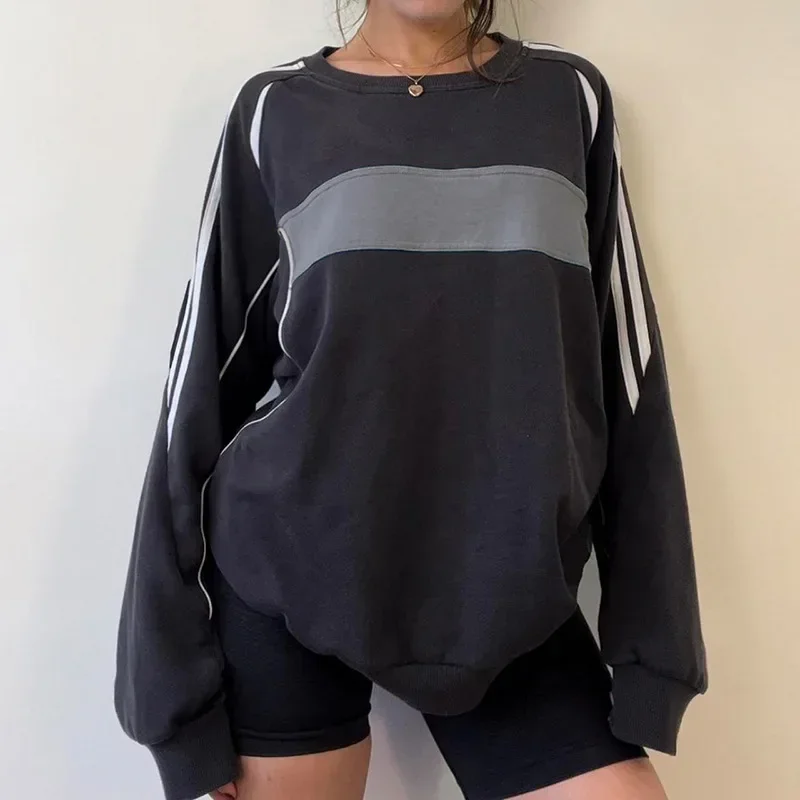 Y2K Preppy Style Striped Print Oversized Sweatshirt - Vintage Casual Loose Pullover