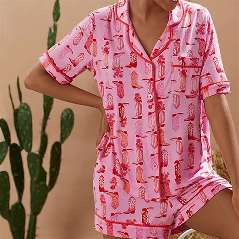 Y2K Print Pajama Set with Boots Detail - Short Sleeve Shirt Top and Shorts