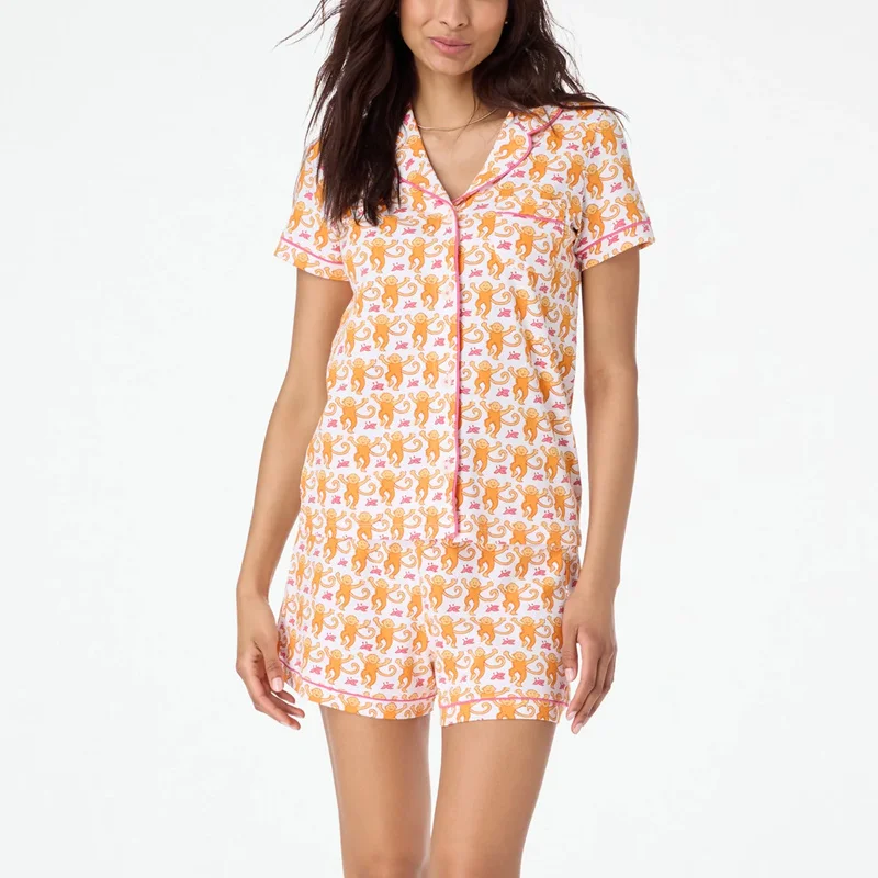 Y2K Print Turn Down Collar Shirt Top & High Waist Shorts Set