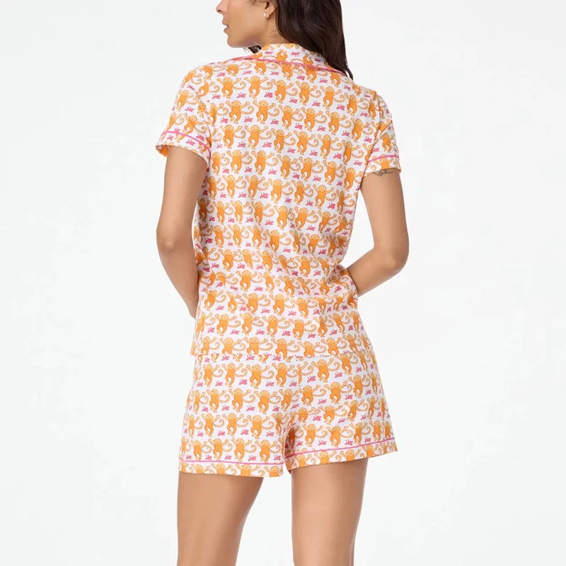 Y2K Print Turn Down Collar Shirt Top & High Waist Shorts Set