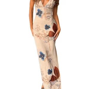 Y2K Printed Backless Lace Patchwork Maxi Dress - Spaghetti Strap