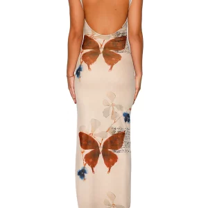 Y2K Printed Backless Lace Patchwork Maxi Dress - Spaghetti Strap