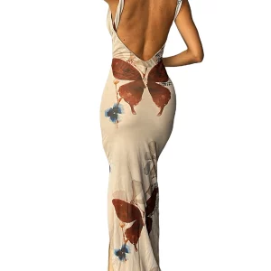 Y2K Printed Backless Lace Patchwork Maxi Dress - Spaghetti Strap