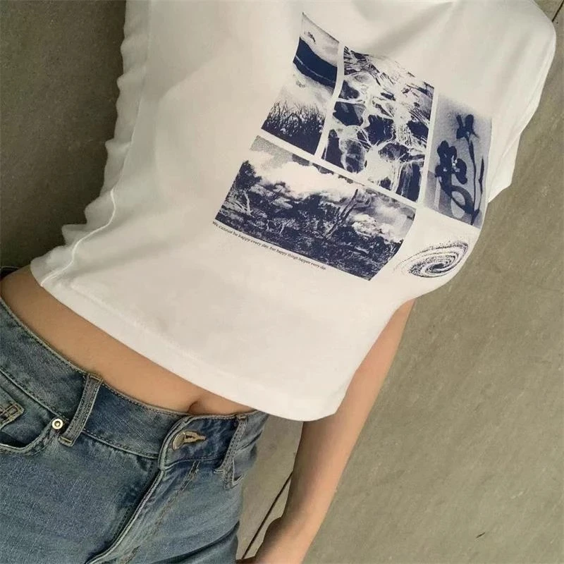 Y2K Punk Casual Women T-Shirt: 90s Black Goth Harajuku Vintage Grunge Graphic Slim Crop Top Street