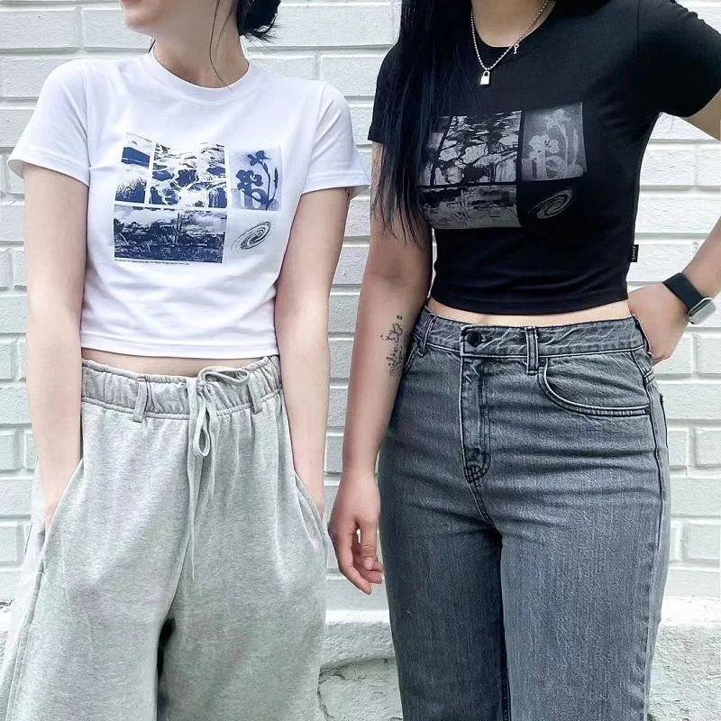 Y2K Punk Casual Women T-Shirt: 90s Black Goth Harajuku Vintage Grunge Graphic Slim Crop Top Street