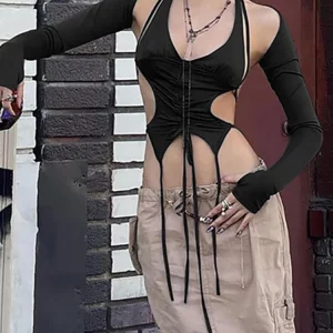 Y2K Punk Drawstring Bandage Camis & Techwear Crop Top Set