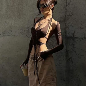 Y2K Punk Drawstring Bandage Camis & Techwear Crop Top Set