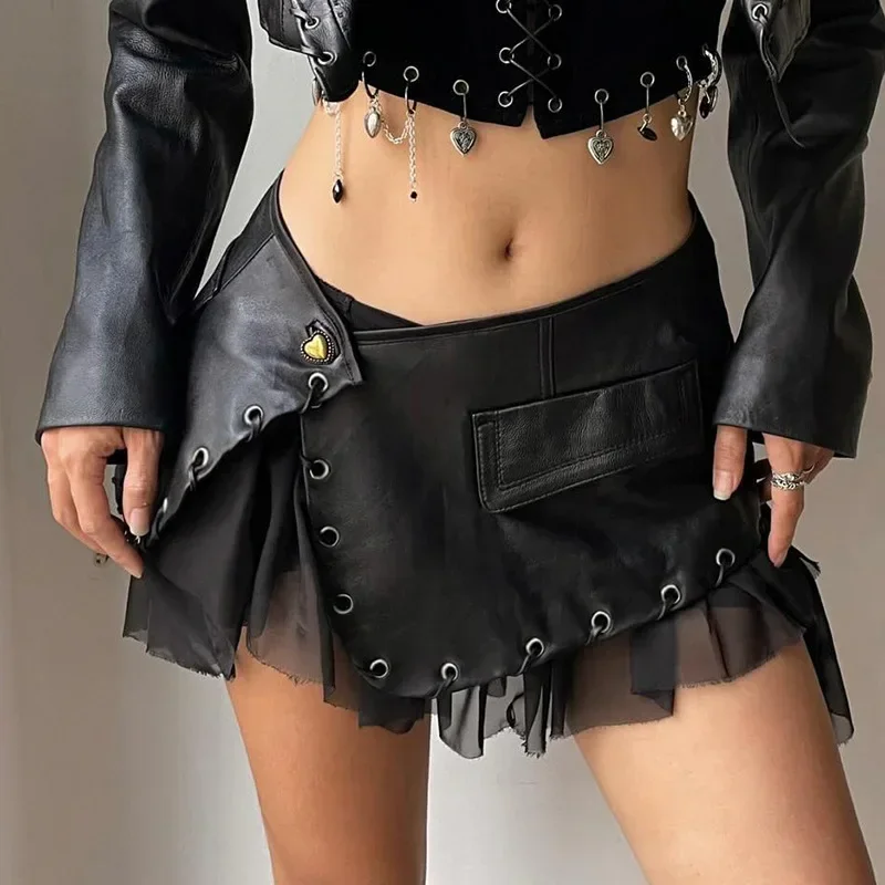 Y2K Punk Faux Leather Mini Skirt - Cyber Gothic Grunge A-line Bandage Bottom