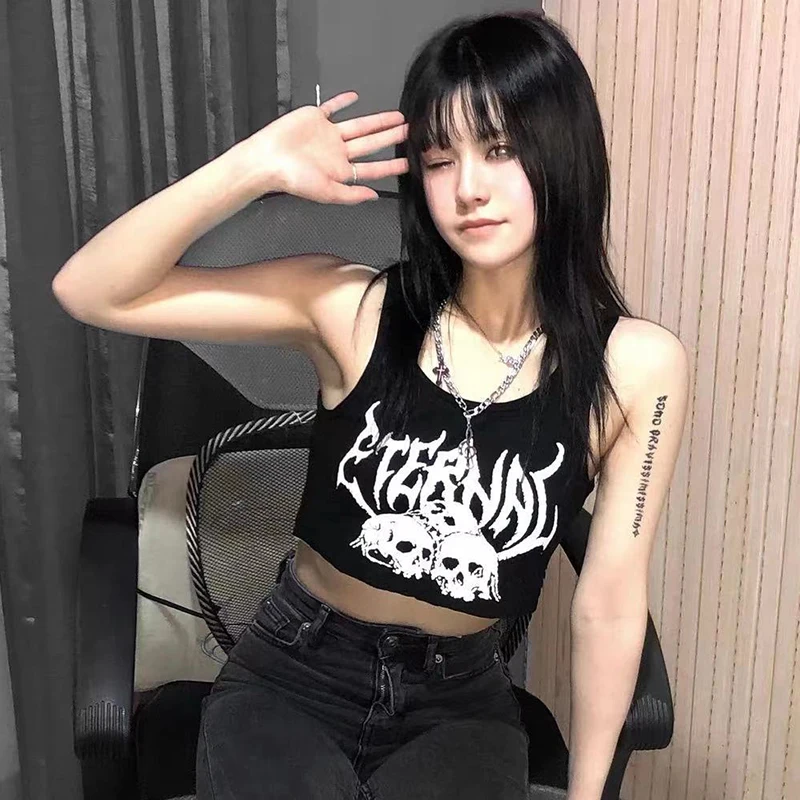 Y2K Punk Goth Crop Top - Skull Print Vest for Women - 90s Grunge Harajuku Fashion - Sleeve