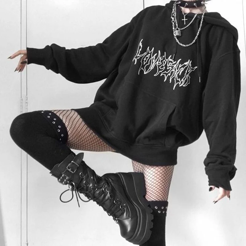 Y2K Punk Goth Hooded Sweatshirt Vintage Kpop Streetwear