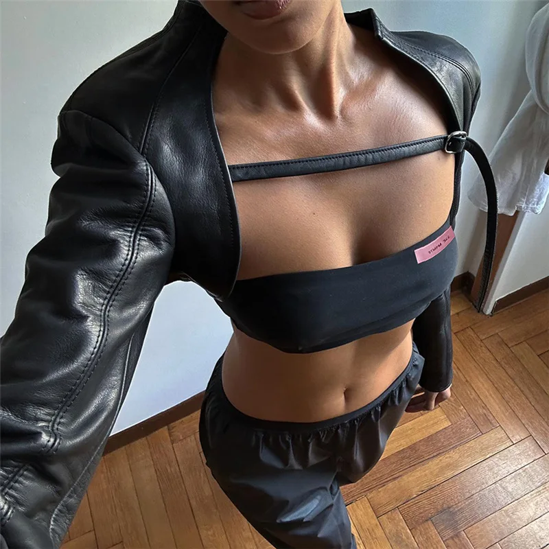 Y2K Punk Goth Streetwear Set: Faux Leather Jackets Tube Tops Moto Biker Crop Coats Buck