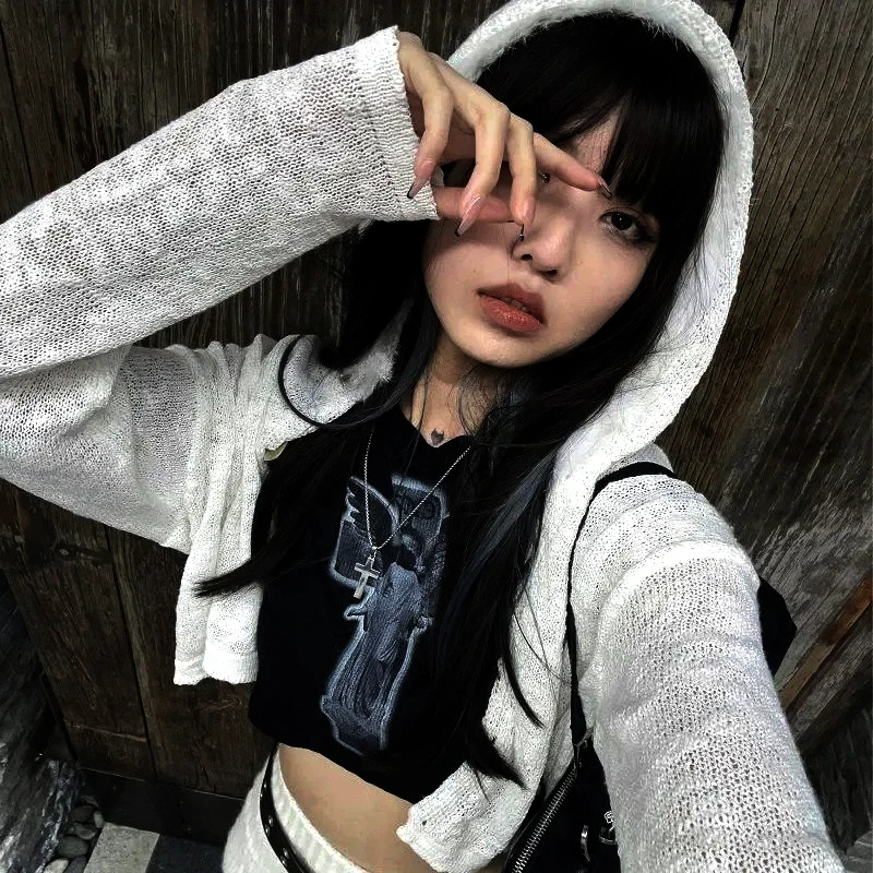 Y2K Punk Gothic Angel Cross Streetwear Crop Top Vintage Harajuku Dark Girl Summer Women's Casual