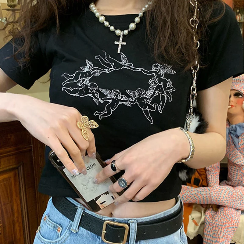 Y2K Punk Gothic Angel Graphic T-Shirt - Vintage Streetwear Crop Top